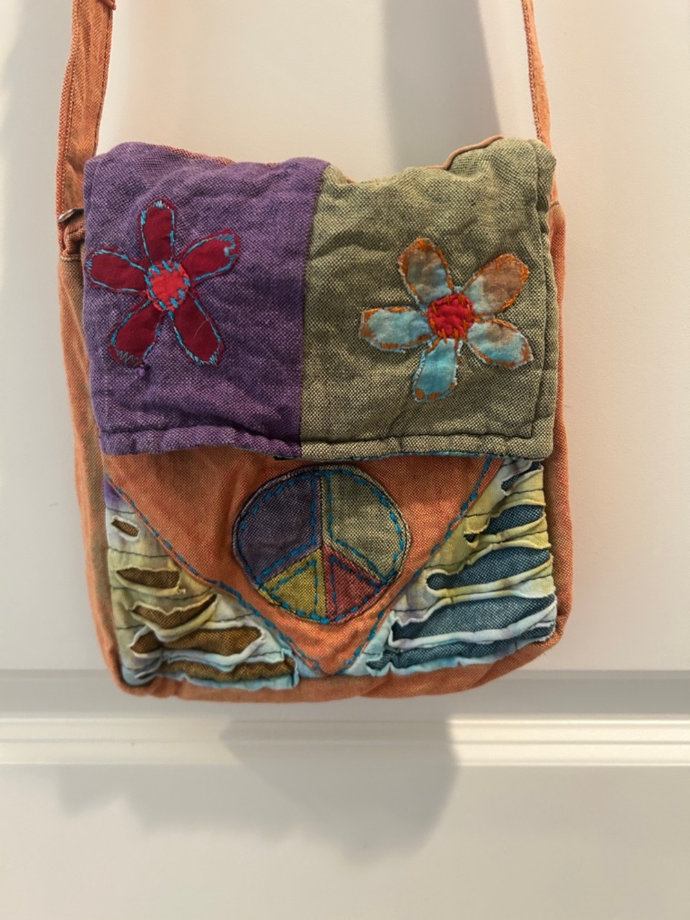 Unbranded Nepal Peace Sign embroidered Boho Patchwork zip Crossbody Bag cotton